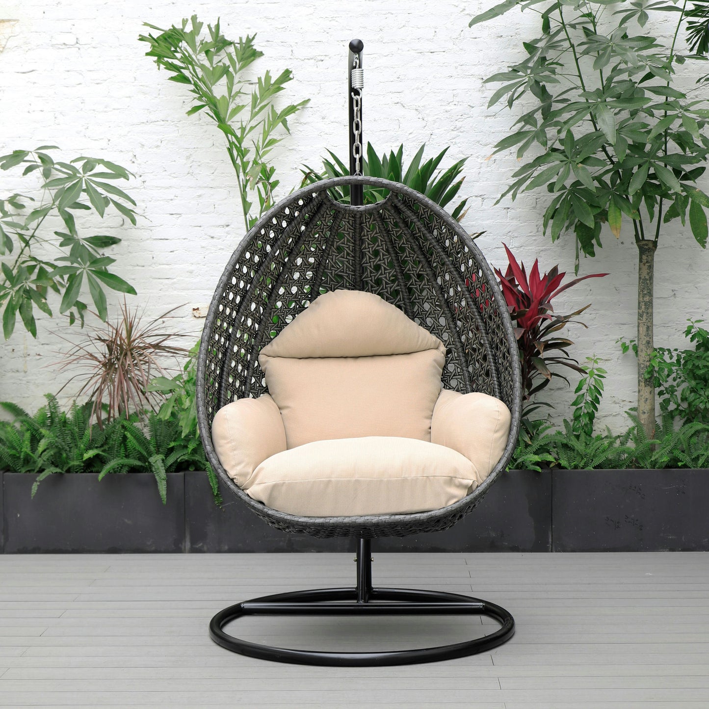 LeisureMod Charcoal And Beige Wicker Hanging Egg Swing Chair