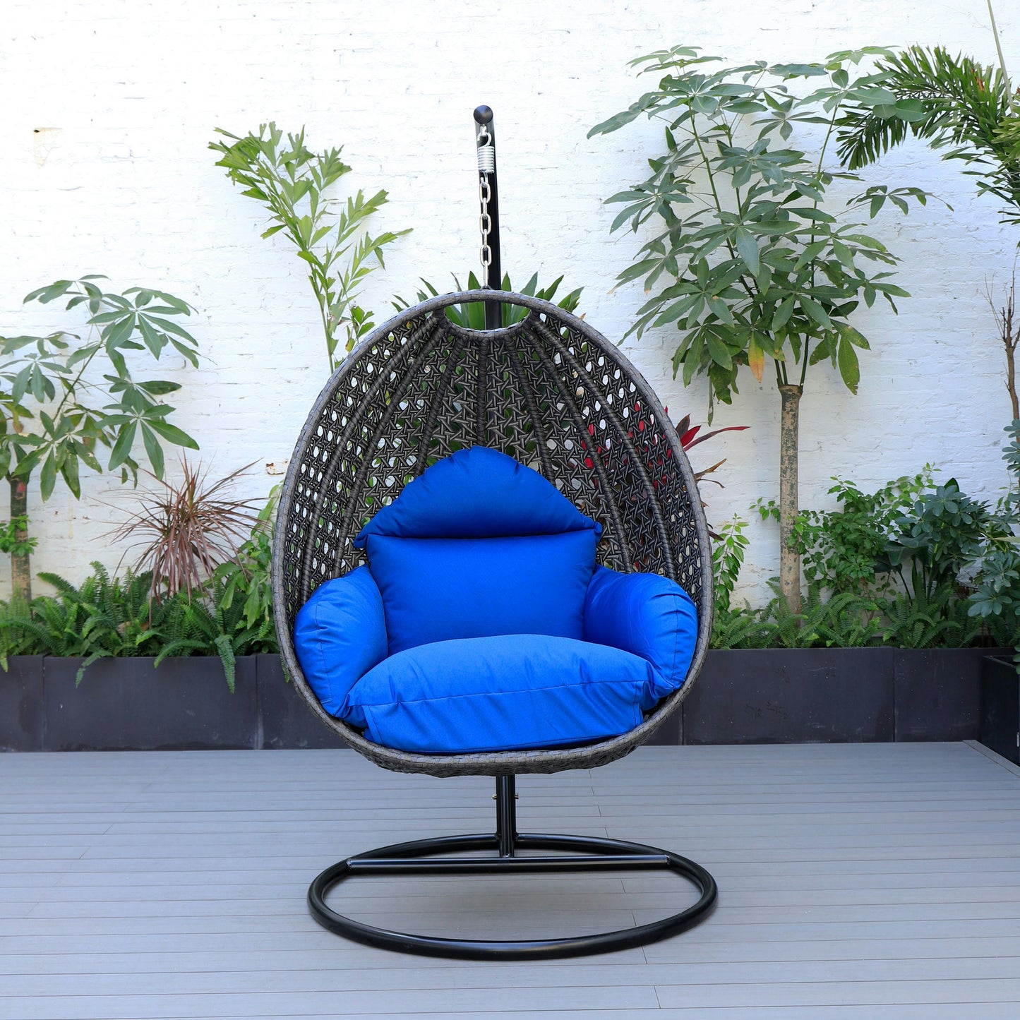 LeisureMod Charcoal And Blue Wicker Hanging Egg Swing Chair