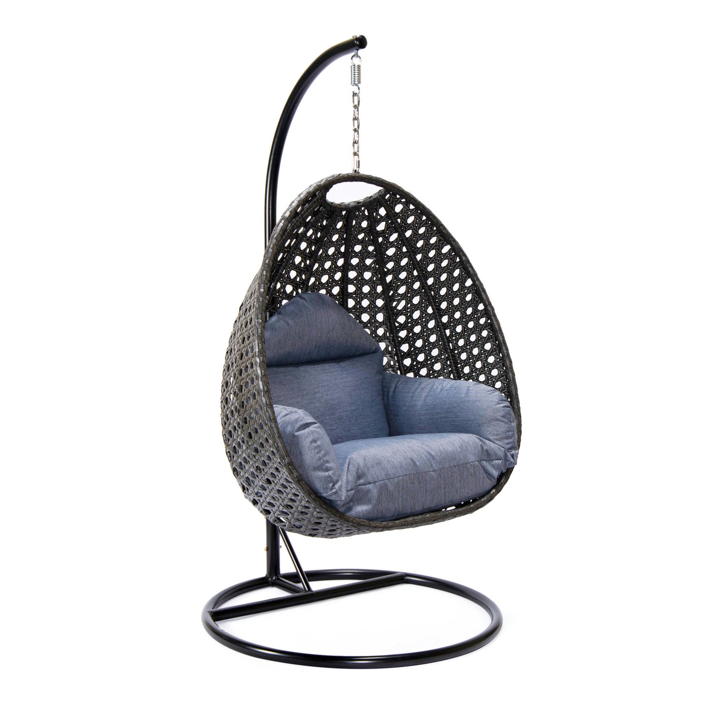 LeisureMod Charcoal And Charcoal Blue Wicker Hanging Egg Swing Chair