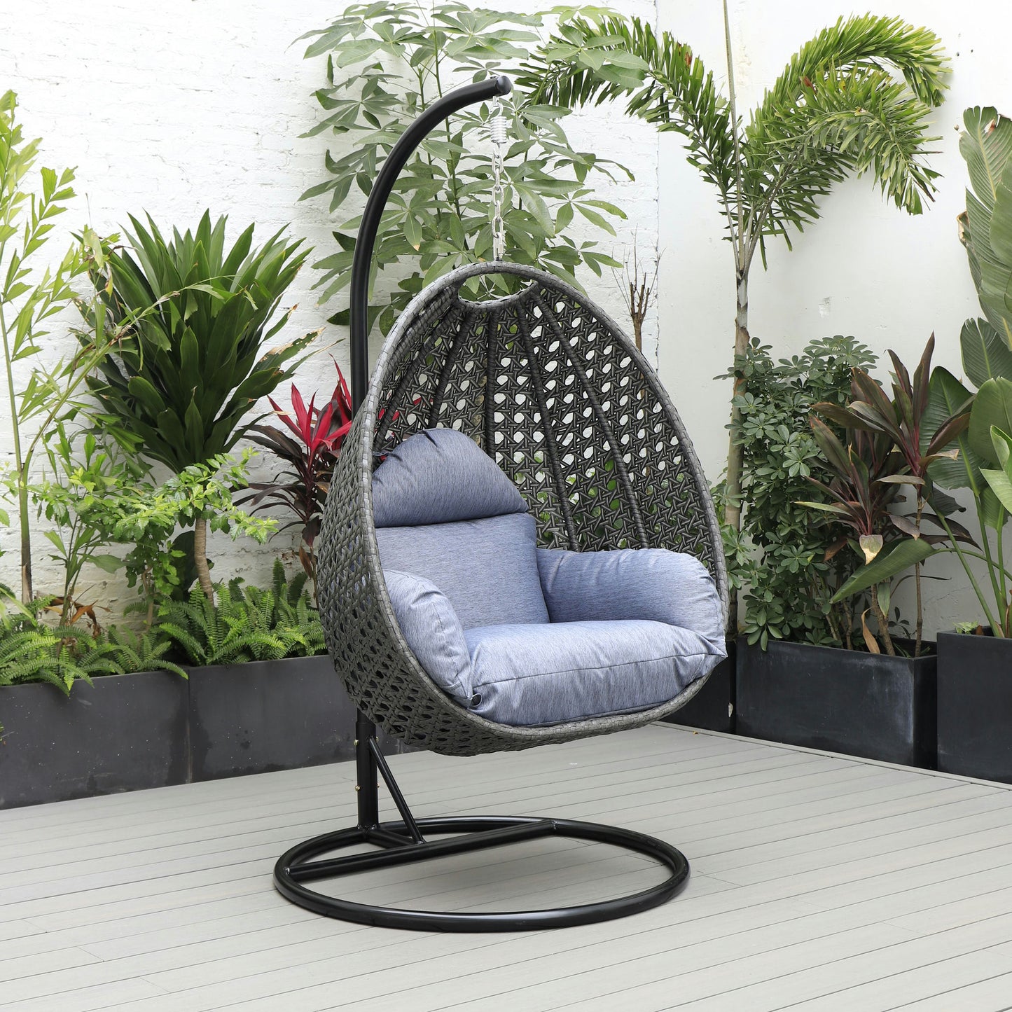 LeisureMod Charcoal And Charcoal Blue Wicker Hanging Egg Swing Chair