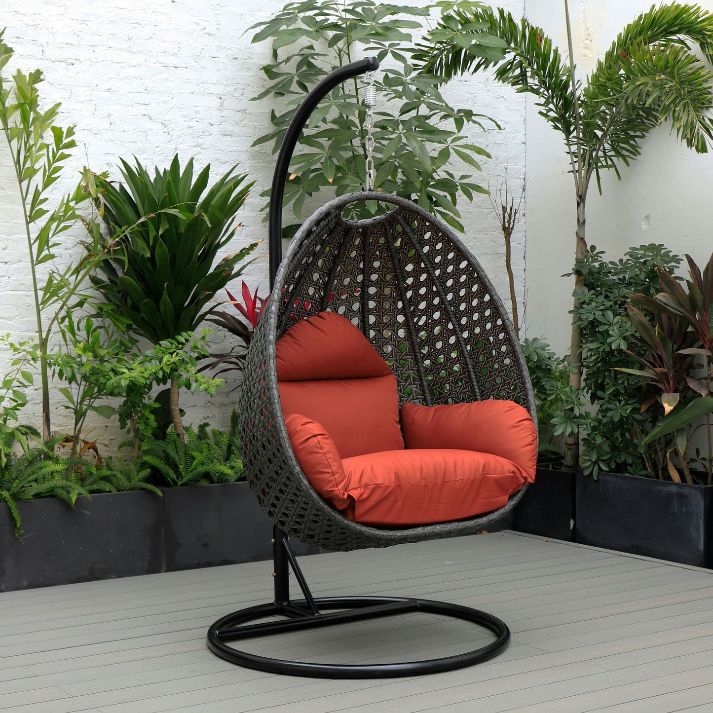 LeisureMod Charcoal And Cherry Wicker Hanging Egg Swing Chair