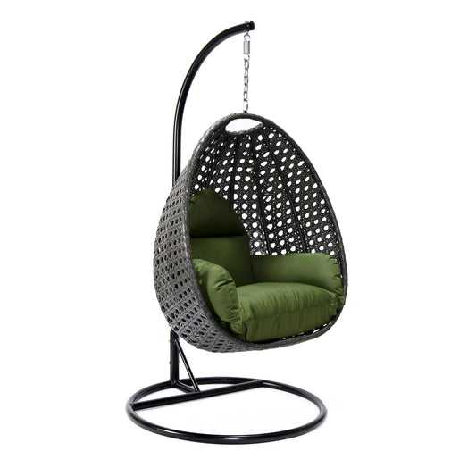 LeisureMod Charcoal And Dark Green Wicker Hanging Egg Swing Chair