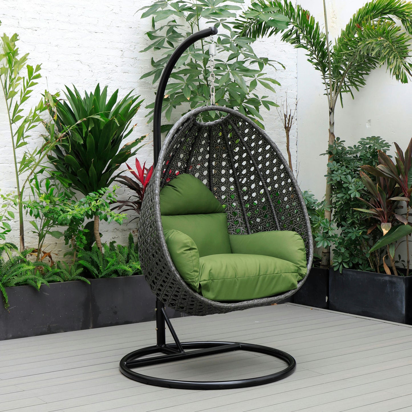 LeisureMod Charcoal And Dark Green Wicker Hanging Egg Swing Chair