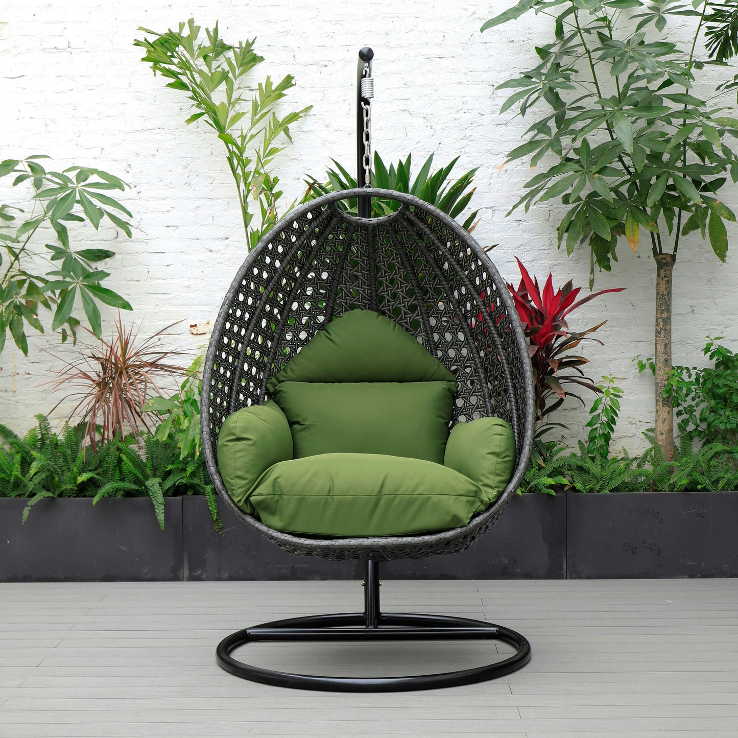 LeisureMod Charcoal And Dark Green Wicker Hanging Egg Swing Chair