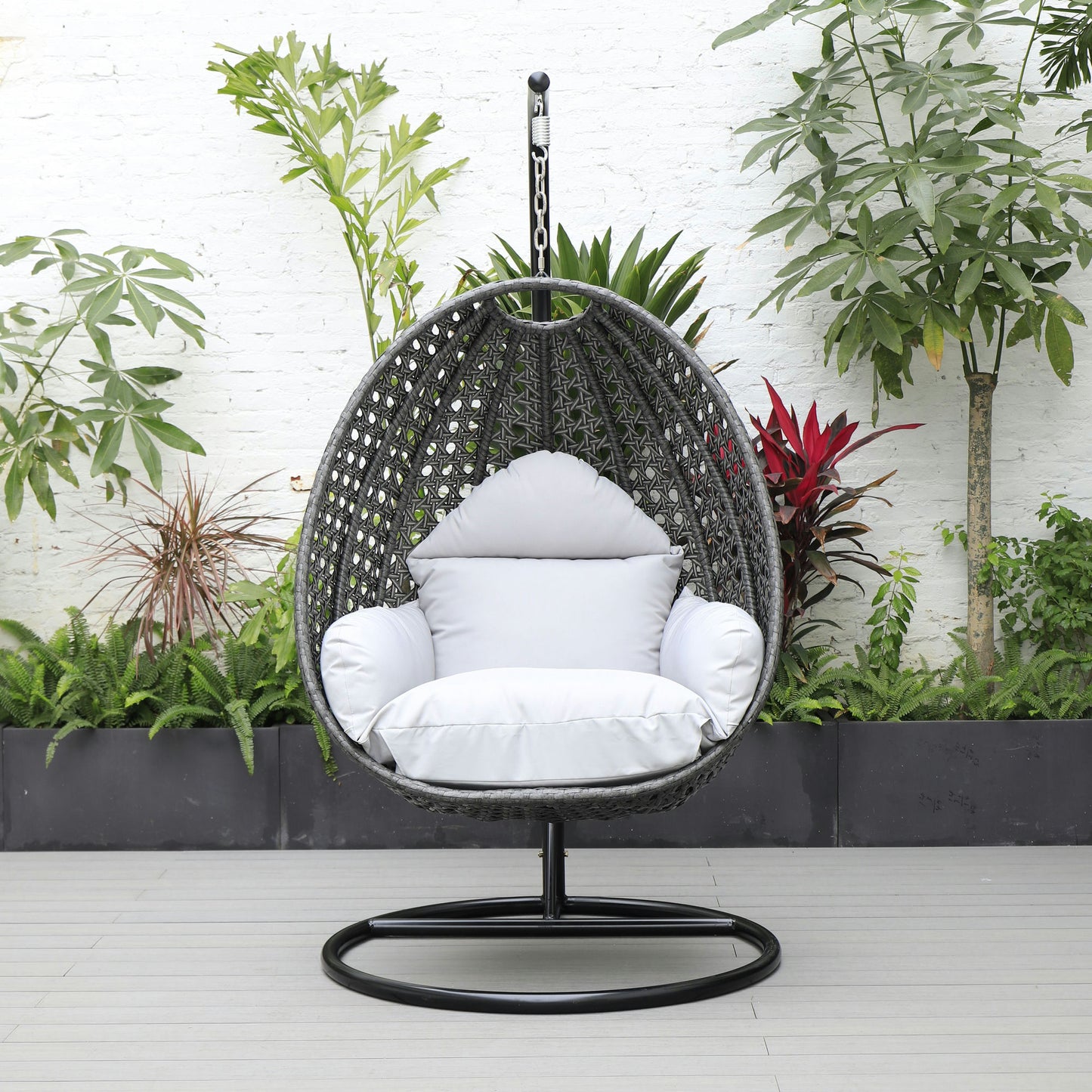 LeisureMod Charcoal And Light Grey Wicker Hanging Egg Swing Chair