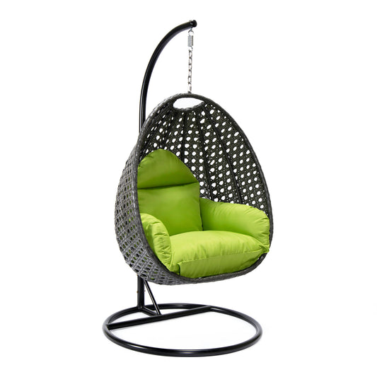 LeisureMod Charcoal And Light Green Wicker Hanging Egg Swing Chair