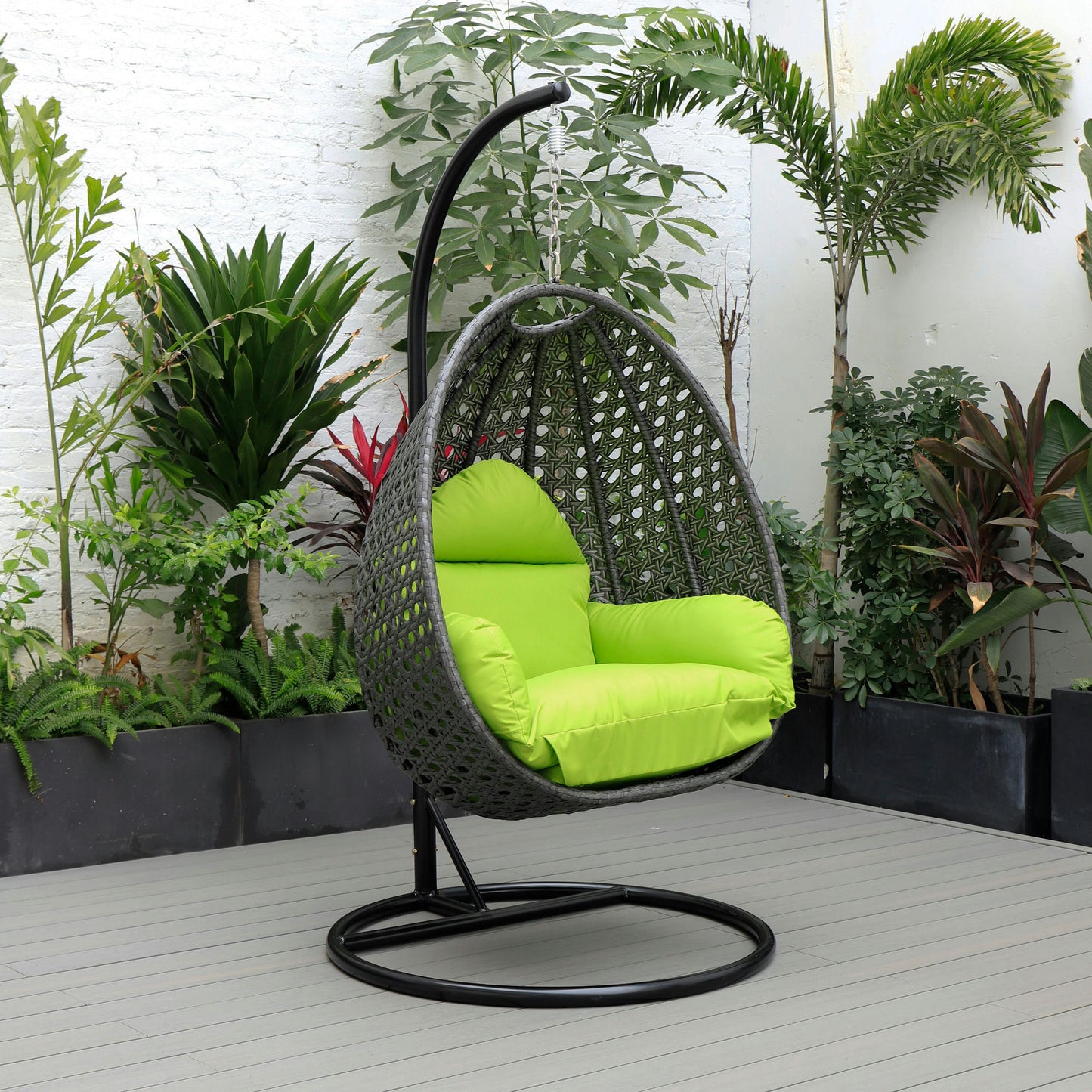 LeisureMod Charcoal And Light Green Wicker Hanging Egg Swing Chair