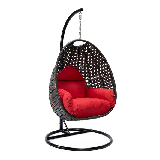 LeisureMod Charcoal And Red Wicker Hanging Egg Swing Chair