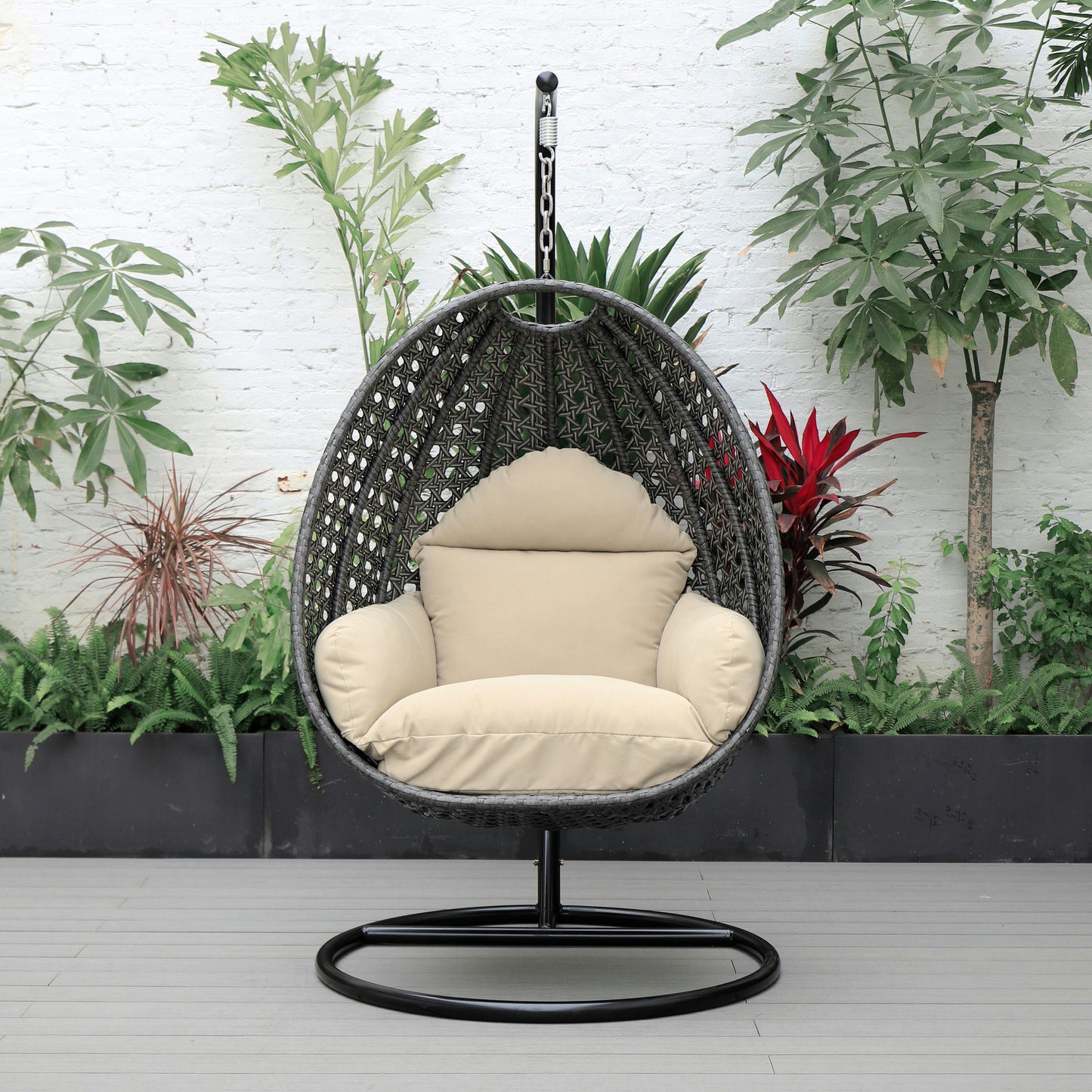 LeisureMod Charcoal And Taupe Wicker Hanging Egg Swing Chair