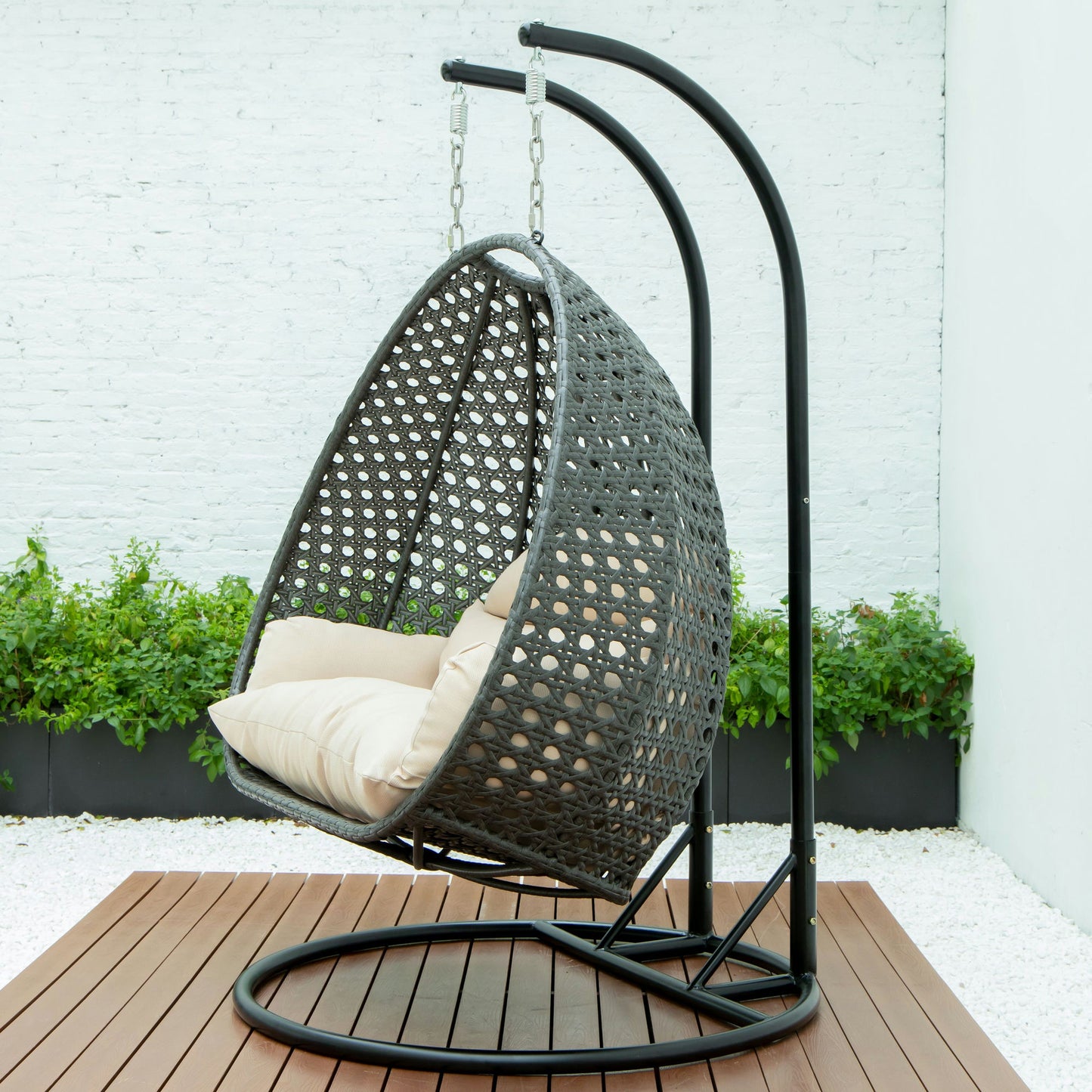 LeisureMod Charcoal And Beige Wicker Hanging 2 person Egg Swing Chair