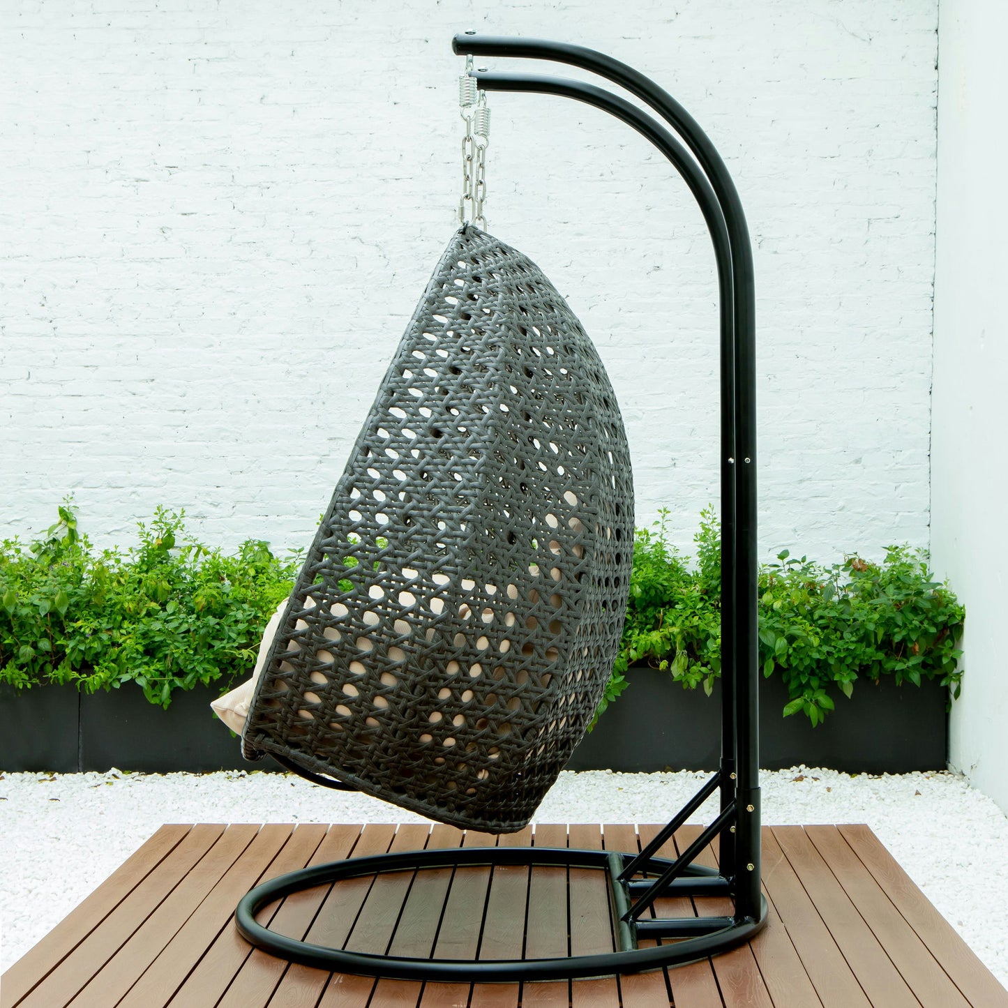 LeisureMod Charcoal And Beige Wicker Hanging 2 person Egg Swing Chair