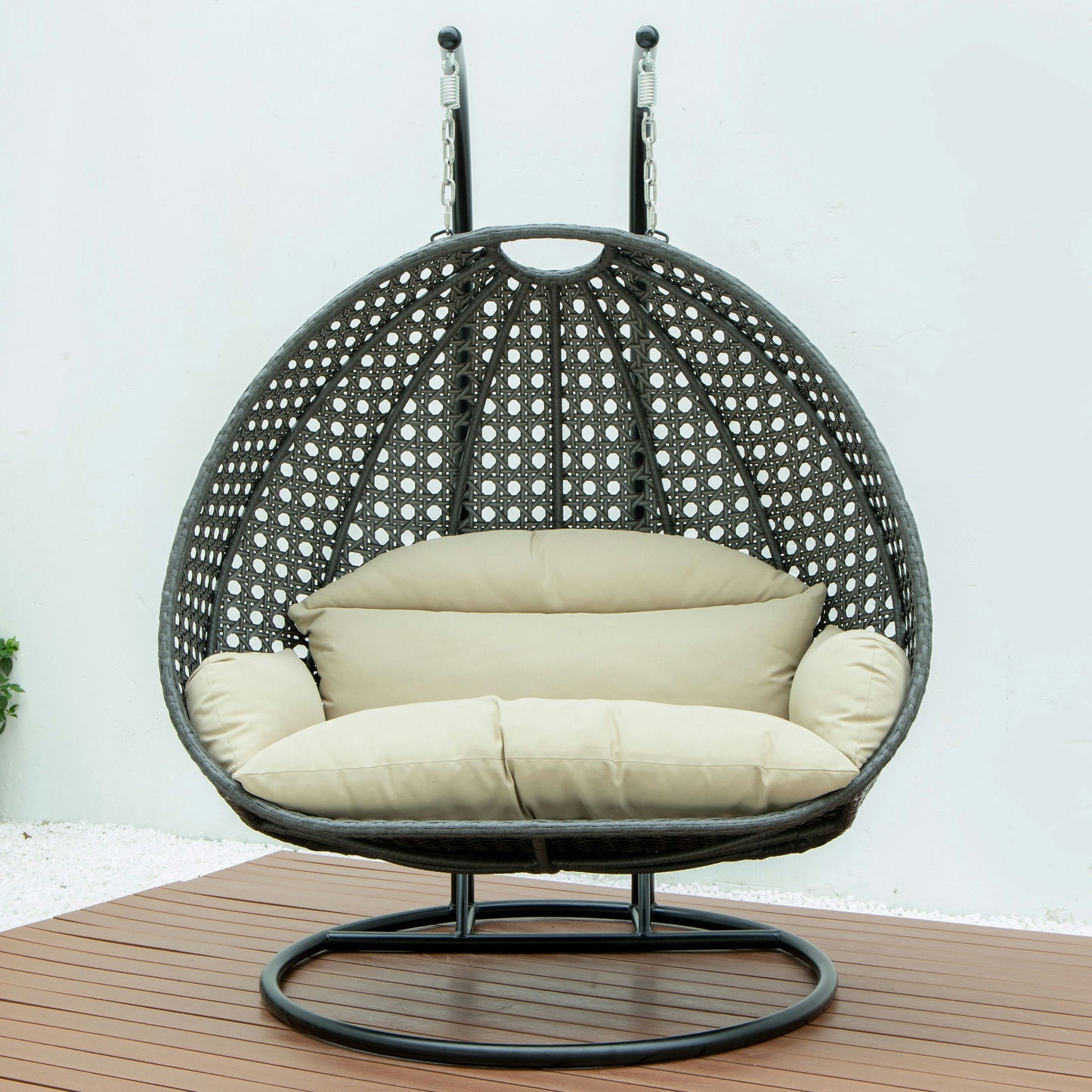 LeisureMod Charcoal And Taupe Wicker Hanging 2 person Egg Swing Chair