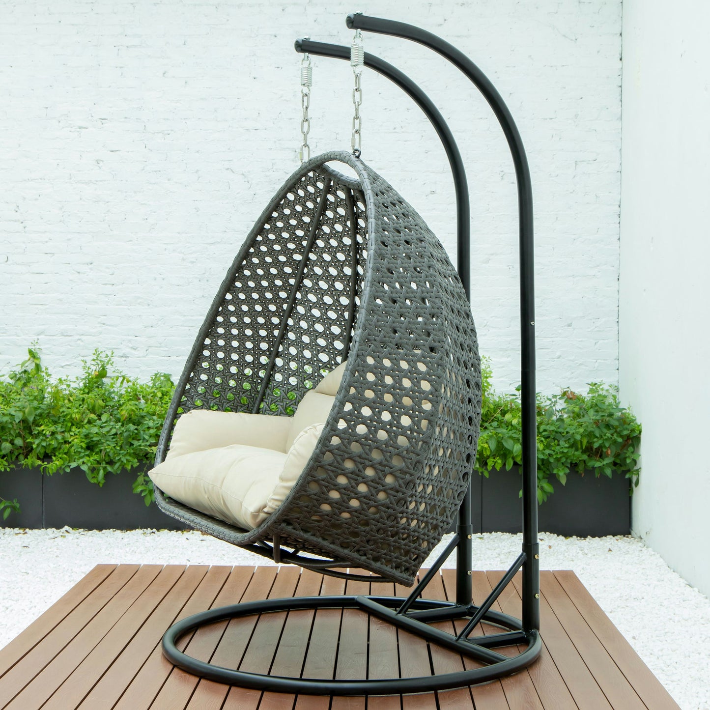 LeisureMod Charcoal And Taupe Wicker Hanging 2 person Egg Swing Chair