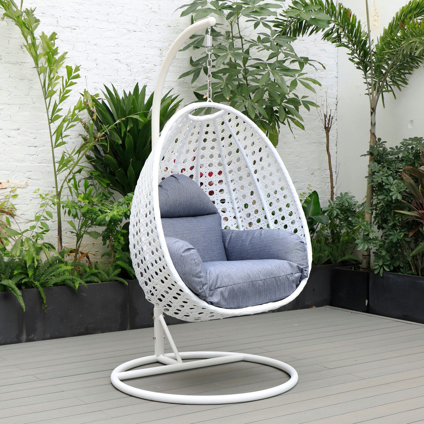 LeisureMod White And Charcoal Blue Wicker Hanging Egg Swing Chair