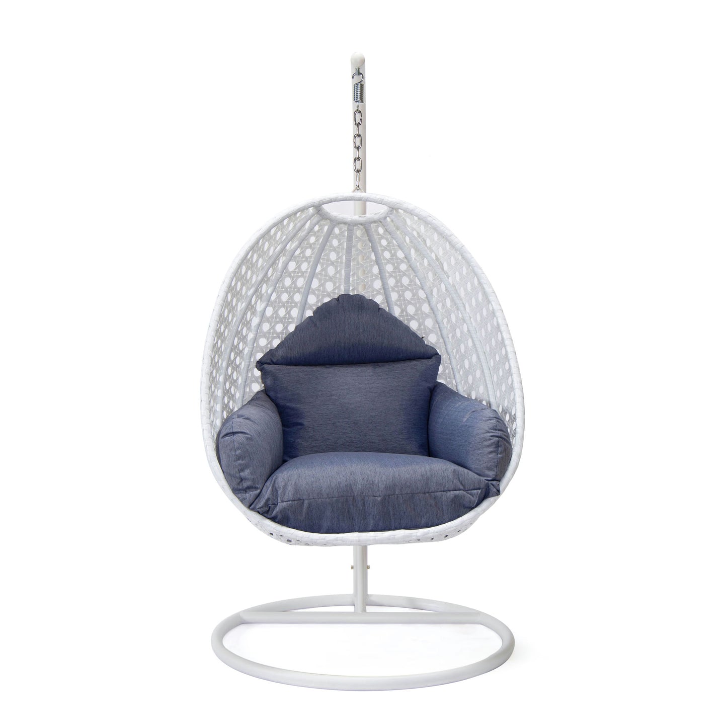 LeisureMod White And Charcoal Blue Wicker Hanging Egg Swing Chair