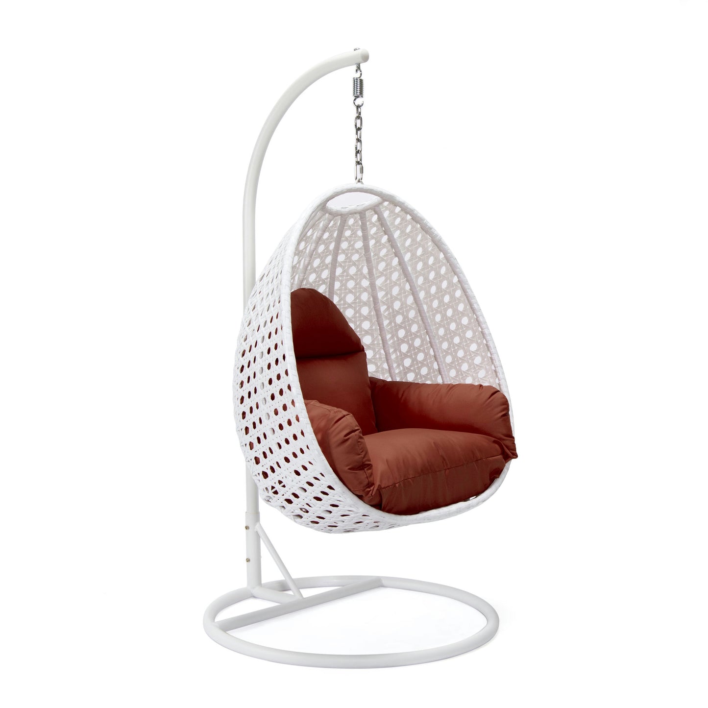 LeisureMod White And Cherry Wicker Hanging Egg Swing Chair