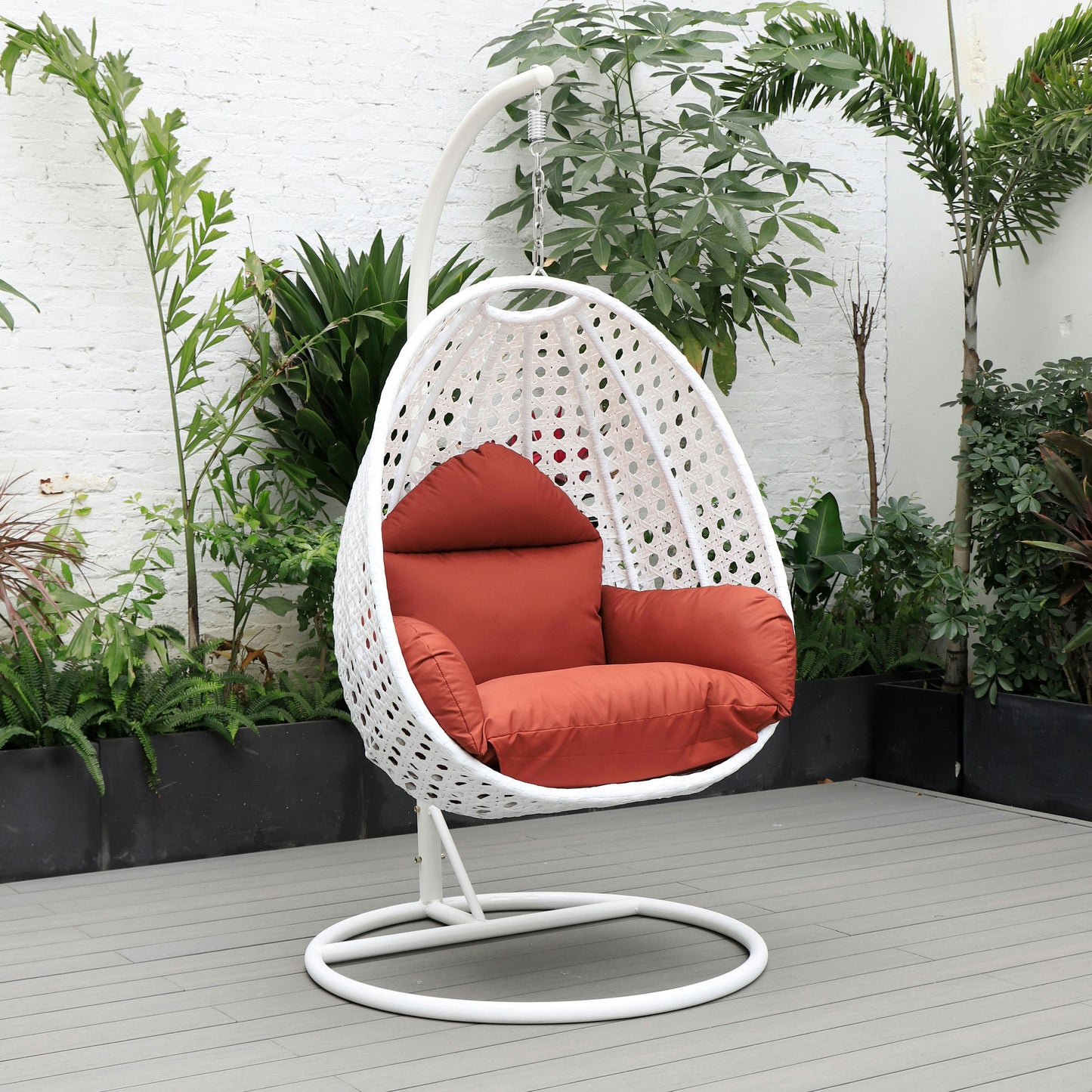 LeisureMod White And Cherry Wicker Hanging Egg Swing Chair