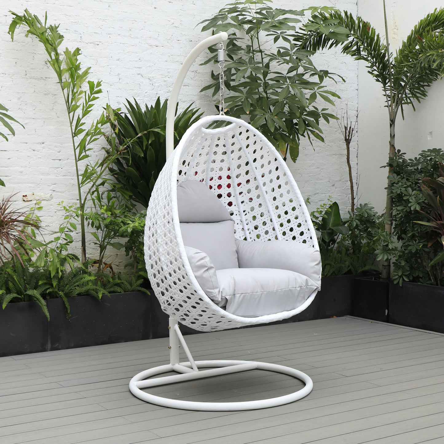 LeisureMod White And Light Grey Wicker Hanging Egg Swing Chair