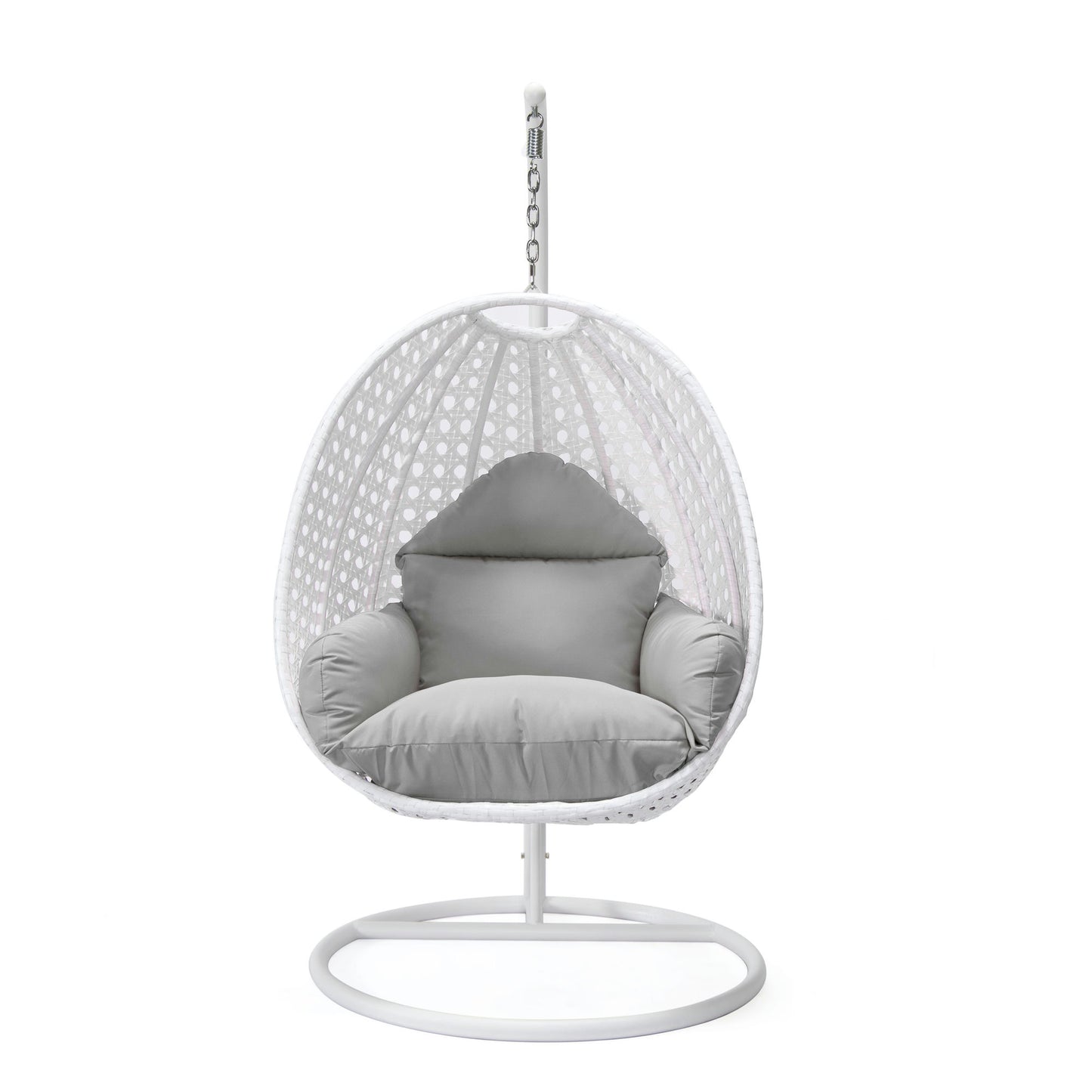 LeisureMod White And Light Grey Wicker Hanging Egg Swing Chair