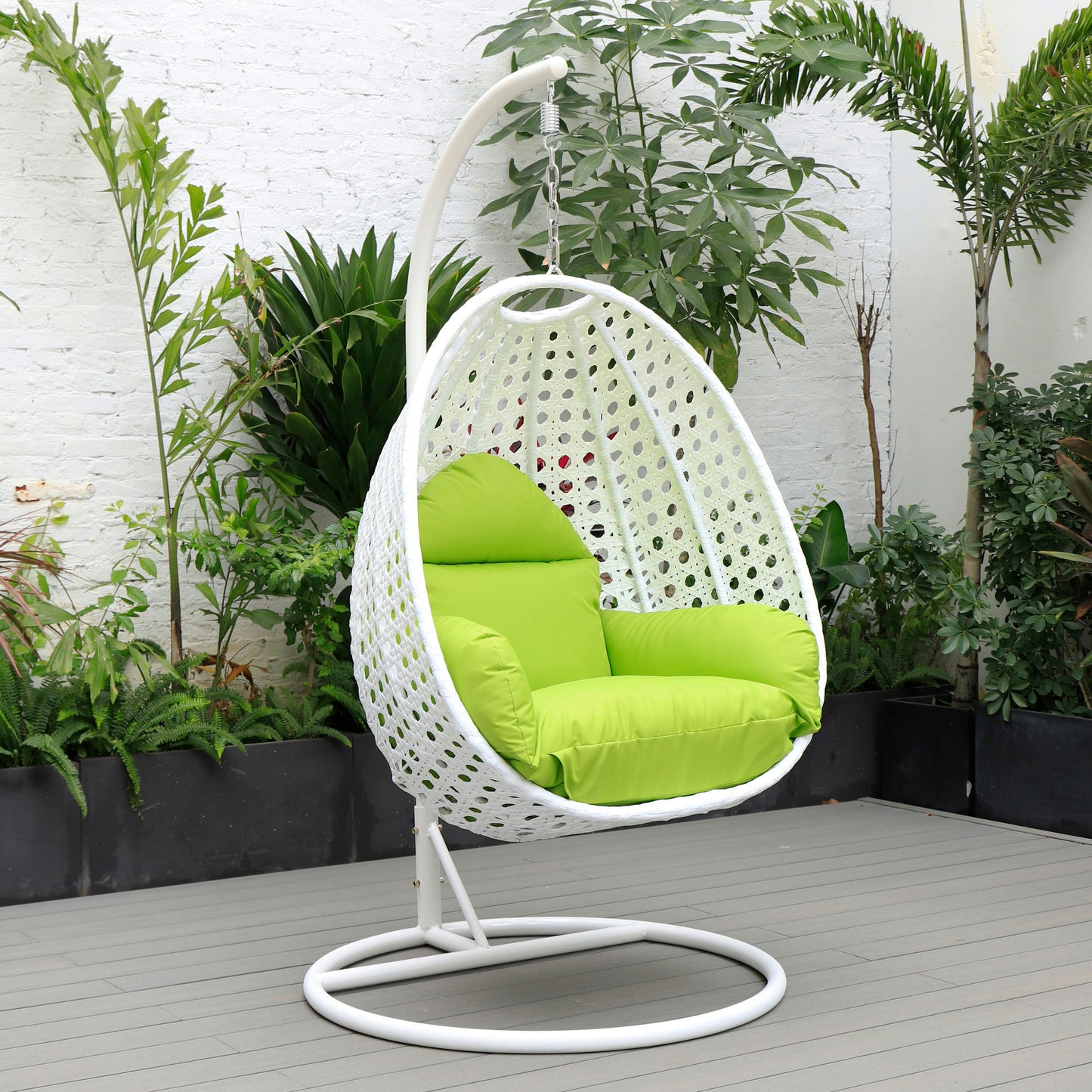 LeisureMod White And Light Green Wicker Hanging Egg Swing Chair