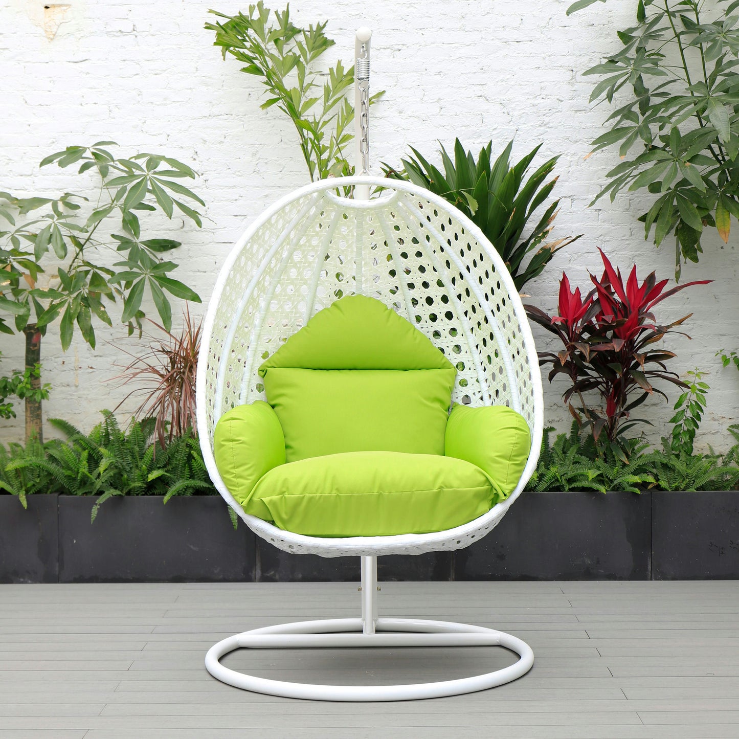 LeisureMod White And Light Green Wicker Hanging Egg Swing Chair