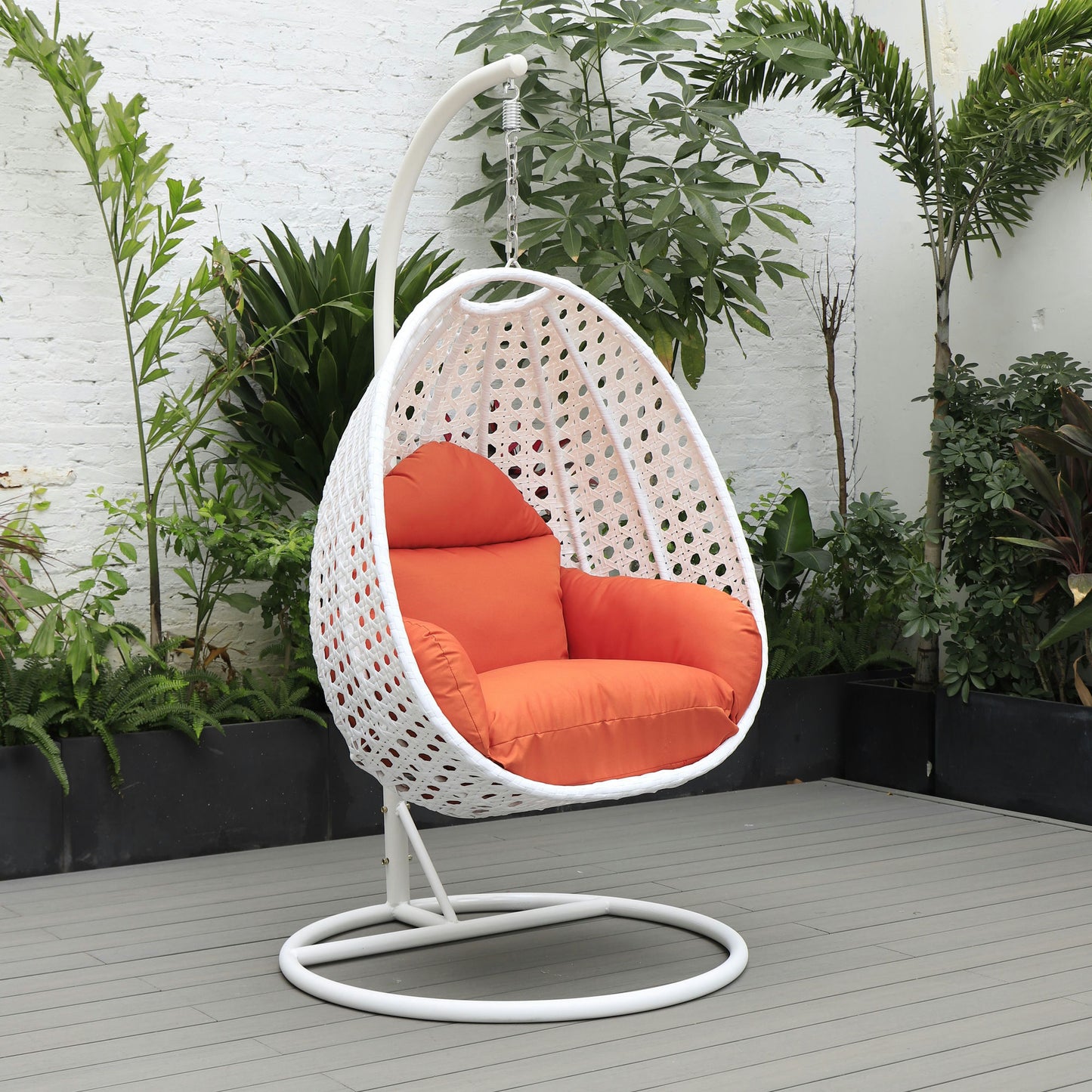 LeisureMod White And Orange Wicker Hanging Egg Swing Chair