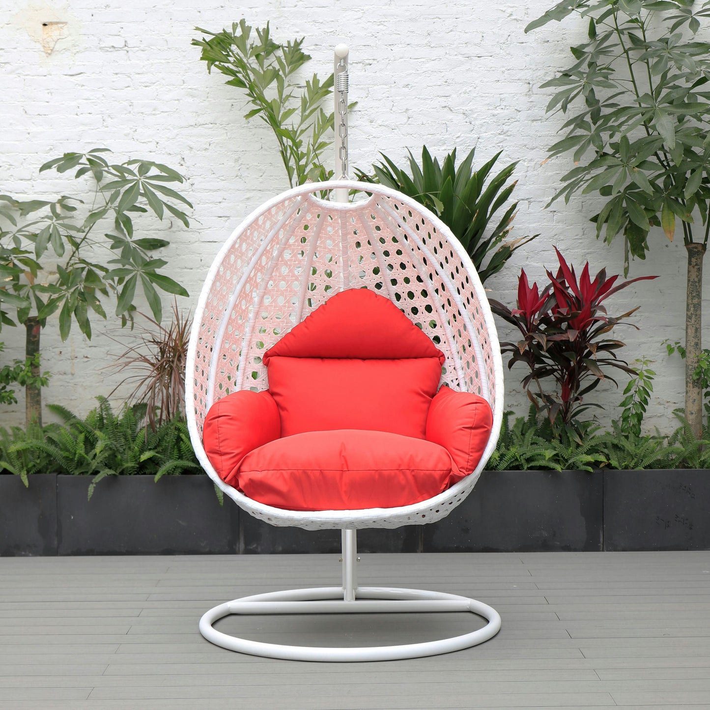 LeisureMod White And Red Wicker Hanging Egg Swing Chair