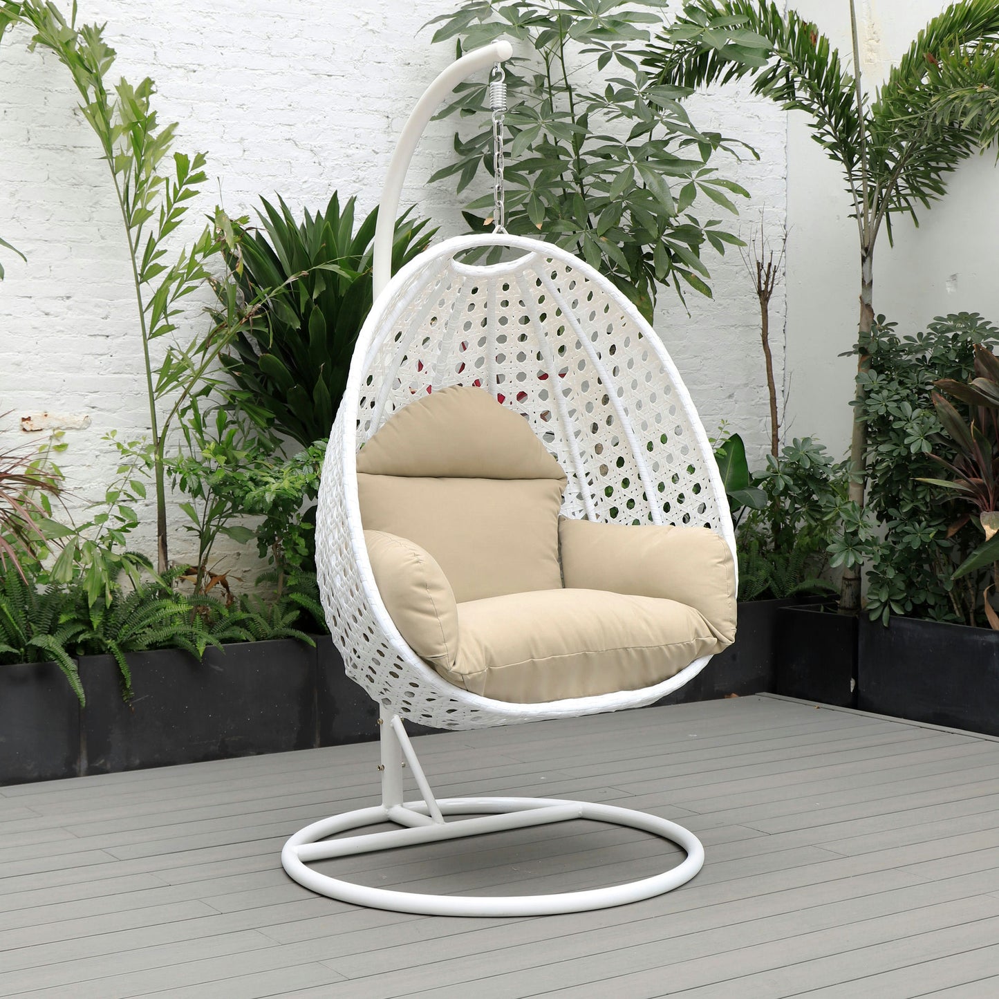 LeisureMod White And Taupe Wicker Hanging Egg Swing Chair