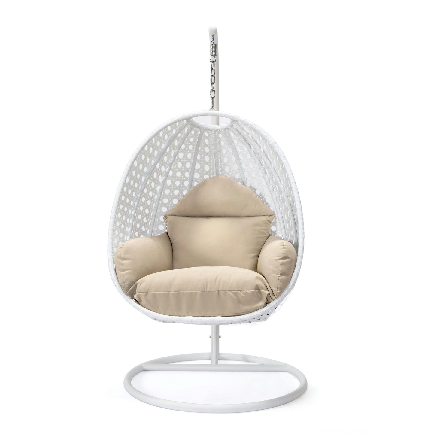 LeisureMod White And Taupe Wicker Hanging Egg Swing Chair