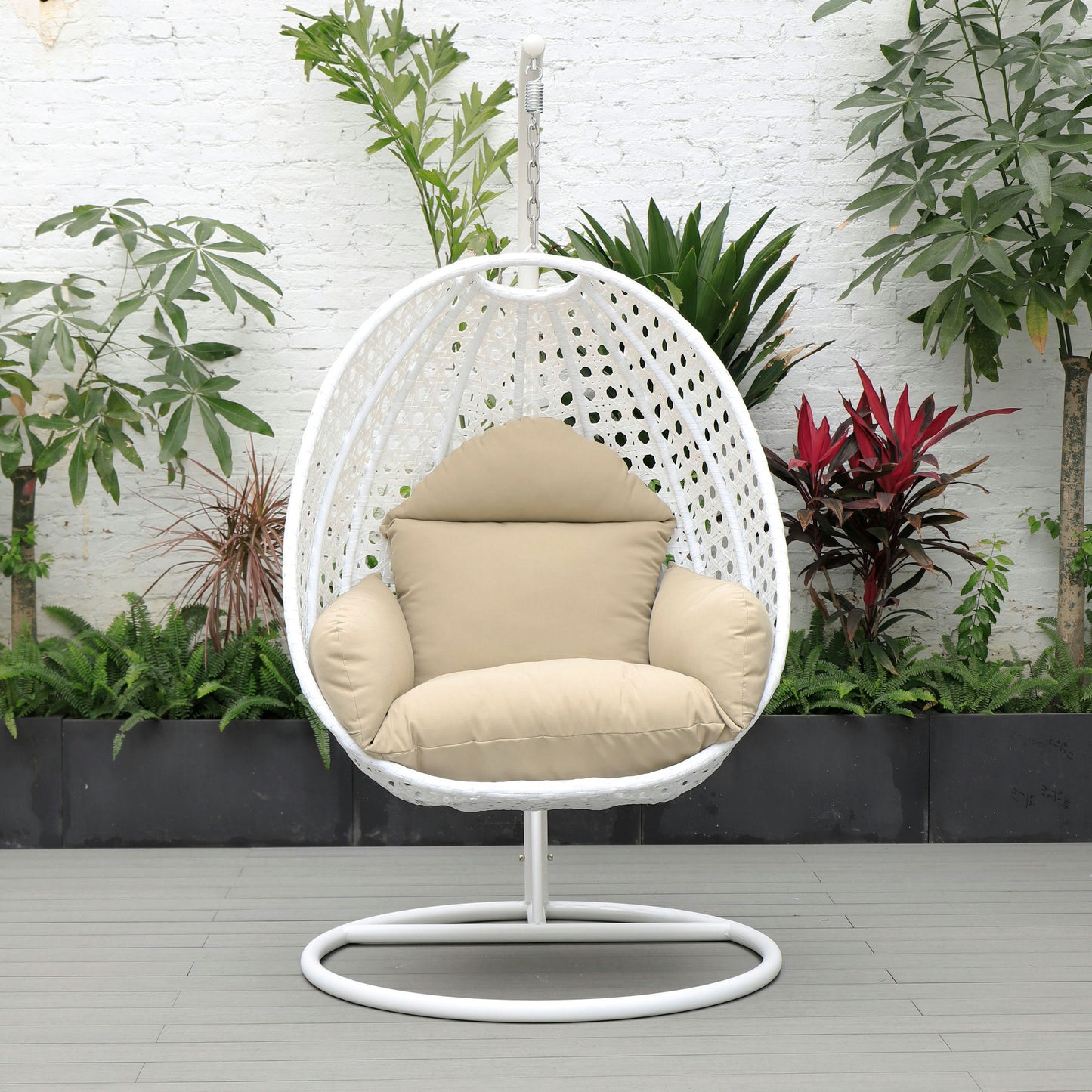 LeisureMod White And Taupe Wicker Hanging Egg Swing Chair