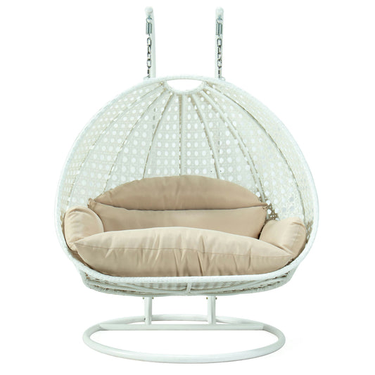 LeisureMod White And Beige Wicker Hanging 2 person Egg Swing Chair