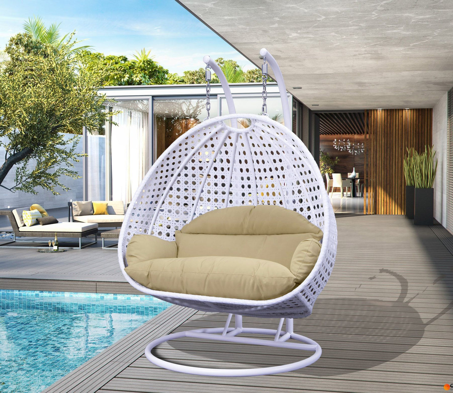 LeisureMod White And Beige Wicker Hanging 2 person Egg Swing Chair