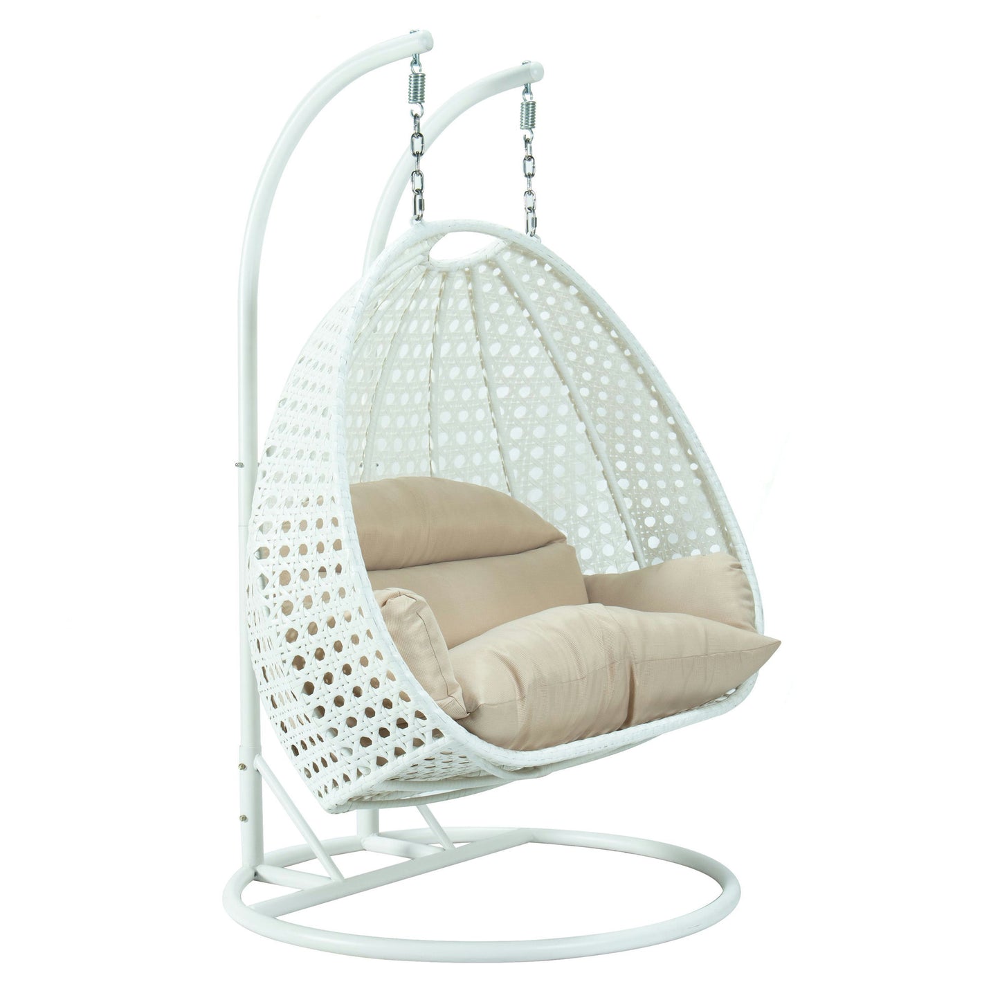 LeisureMod White And Beige Wicker Hanging 2 person Egg Swing Chair