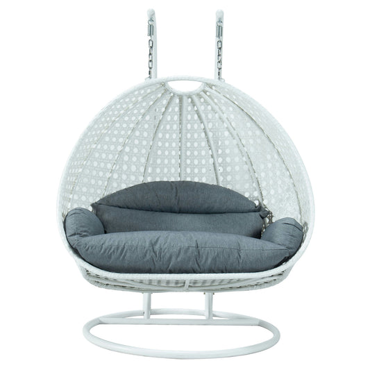 LeisureMod White And Charcoal Blue Wicker Hanging 2 person Egg Swing Chair