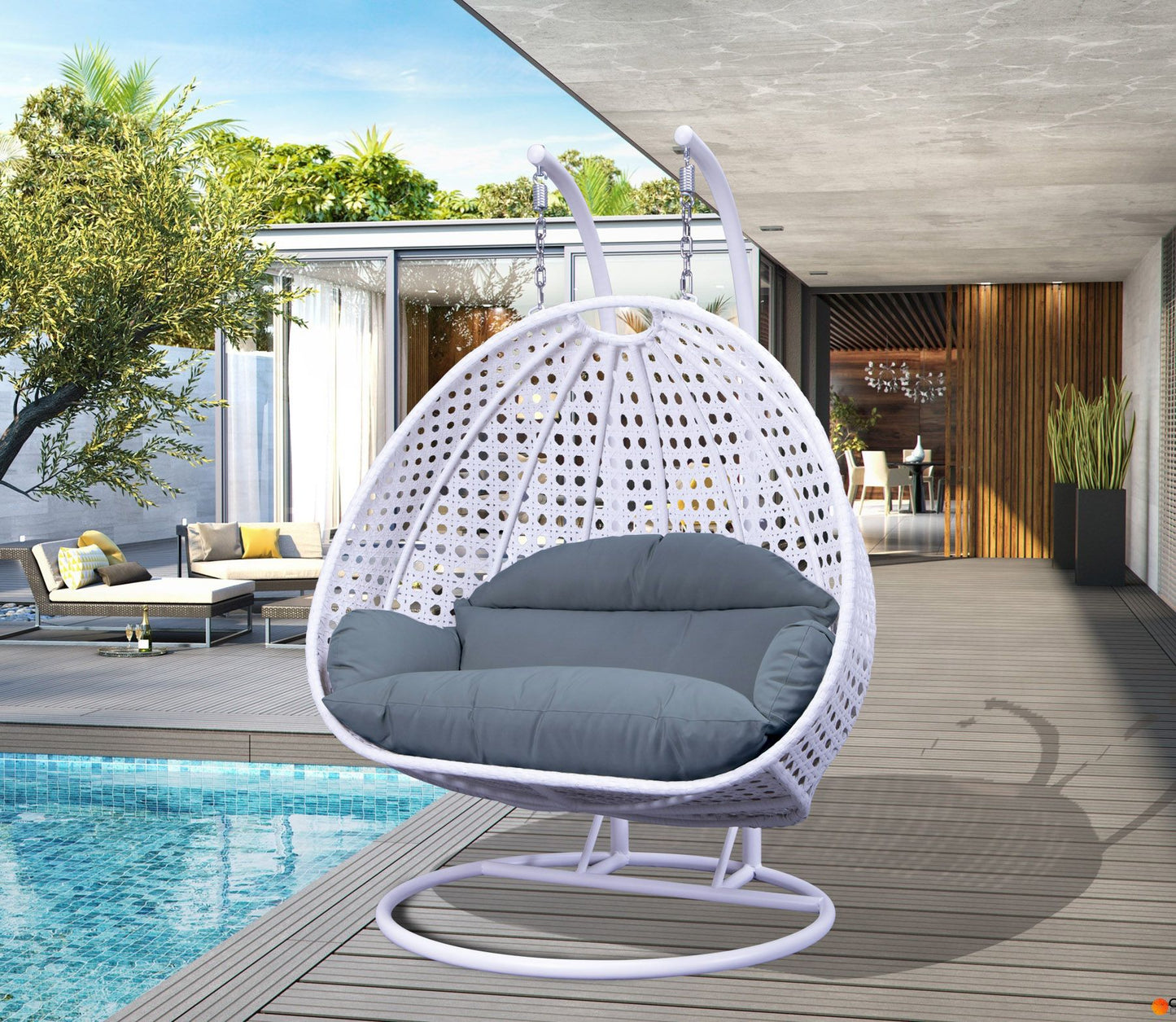 LeisureMod White And Charcoal Blue Wicker Hanging 2 person Egg Swing Chair