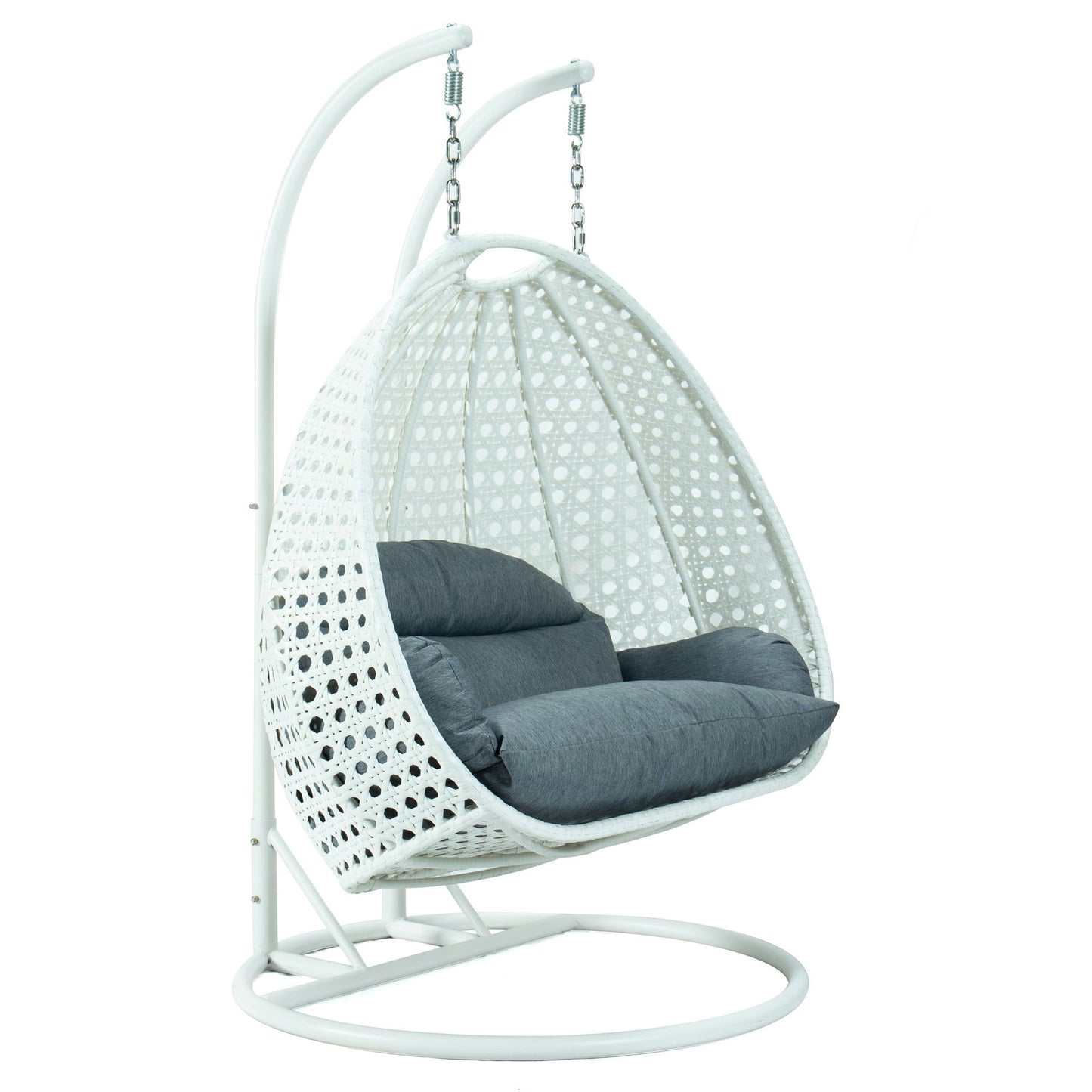 LeisureMod White And Charcoal Blue Wicker Hanging 2 person Egg Swing Chair