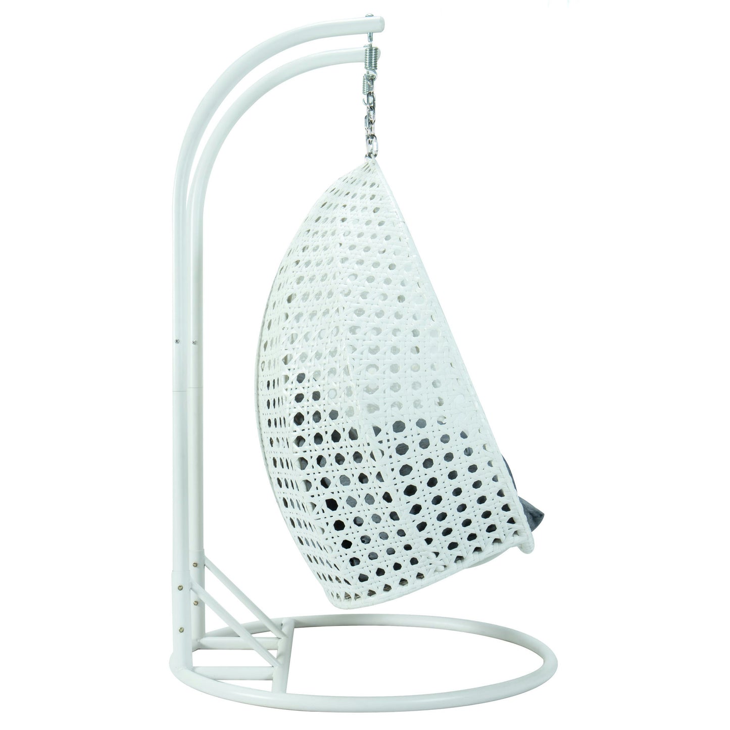 LeisureMod White And Charcoal Blue Wicker Hanging 2 person Egg Swing Chair