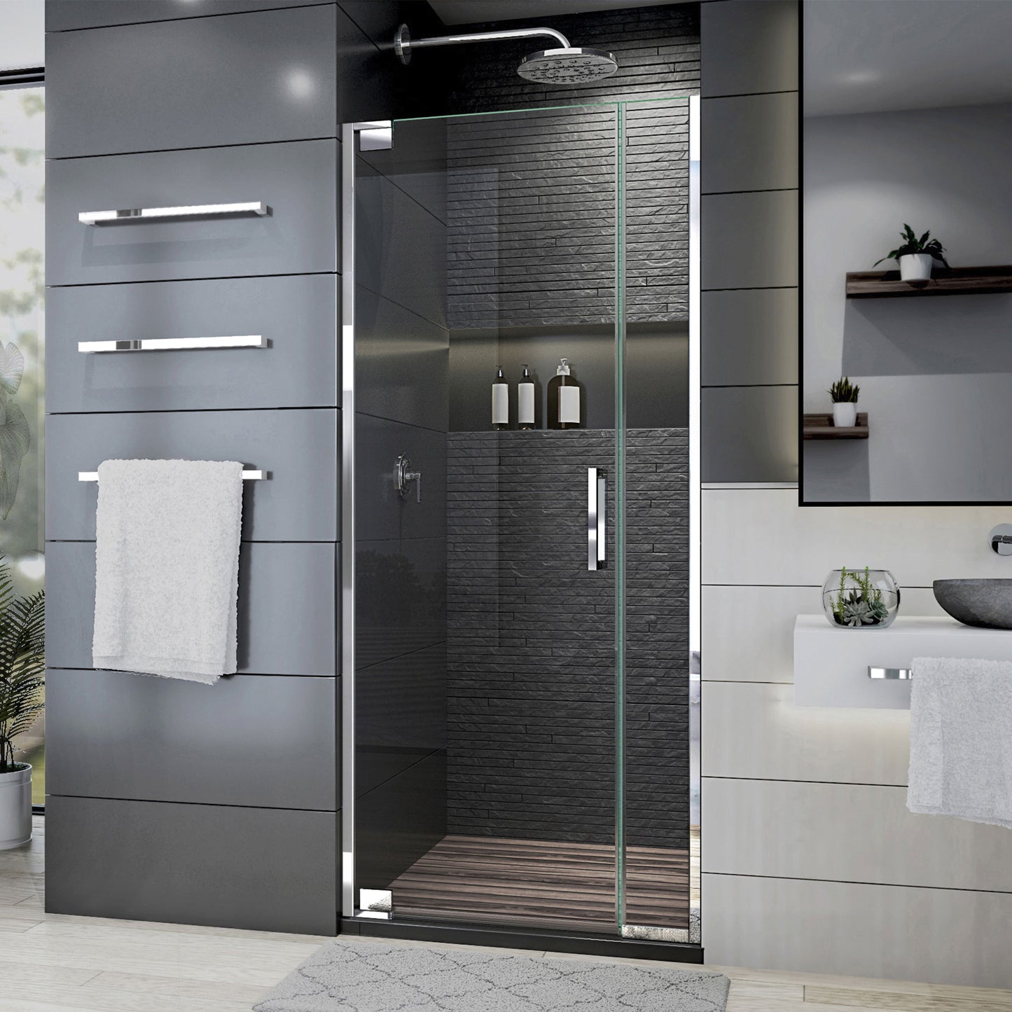 Elegance Plus 30-30 3/4 in. W x 72 in. H Frameless Pivot Shower Door in Chrome
