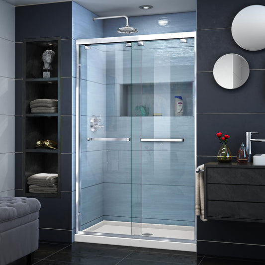 Encore 36 in. D x 48 in. W x 78 3/4 in. H Bypass Shower Door in Chrome with Center Drain Biscuit Base Kit