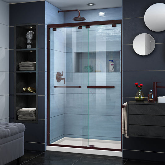 Encore 36 in. D x 48 in. W x 78 3/4 in. H Bypass Shower Door in Oil Rubbed Bronze and Center Drain Biscuit Base Kit