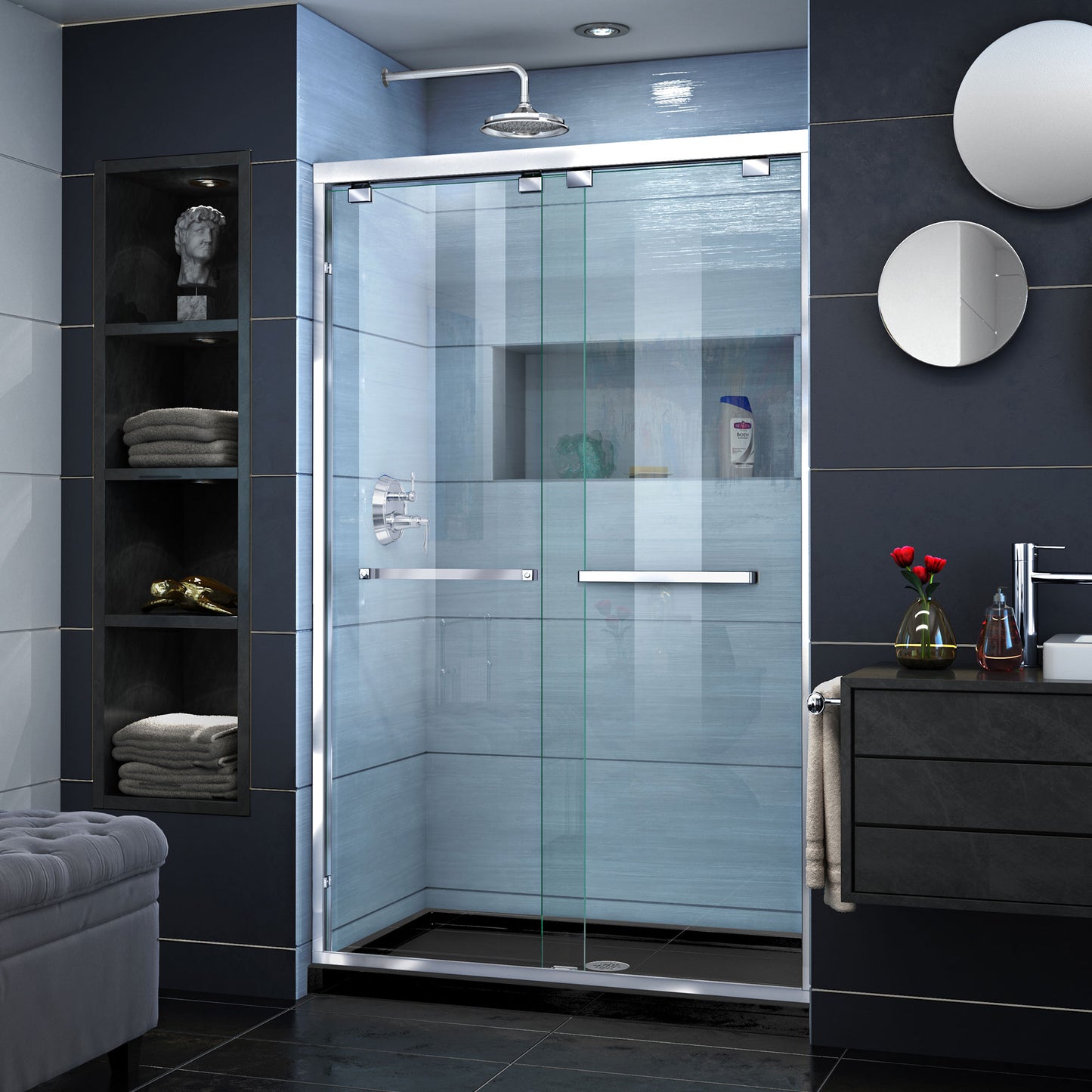 Encore 36 in. D x 48 in. W x 78 3/4 in. H Bypass Shower Door in Chrome with Center Drain Black Base Kit