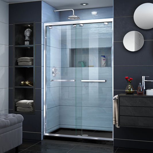 Encore 34 in. D x 48 in. W x 78 3/4 in. H Bypass Shower Door in Chrome and Center Drain Black Base Kit