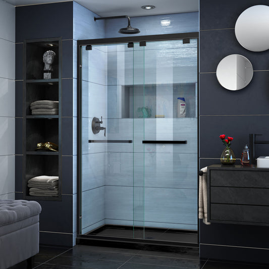 Encore 34 in. D x 48 in. W x 78 3/4 in. H Bypass Shower Door in Satin Black and Center Drain Black Base Kit