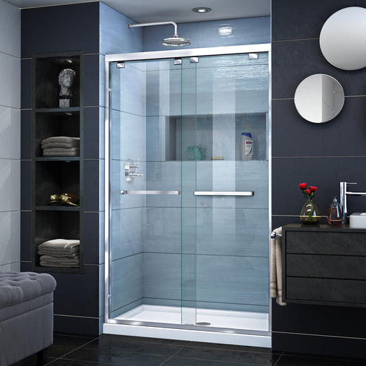Encore 36 in. D x 48 in. W x 78 3/4 in. H Bypass Shower Door in Chrome with Center Drain White Base Kit