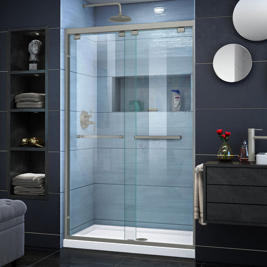 Encore 36 in. D x 48 in. W x 78 3/4 in. H Bypass Shower Door in Brushed Nickel with Center Drain White Base Kit