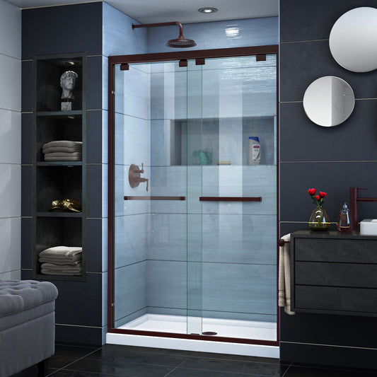 Encore 34 in. D x 48 in. W x 78 3/4 in. H Bypass Shower Door in Oil Rubbed Bronze and Center Drain White Base Kit