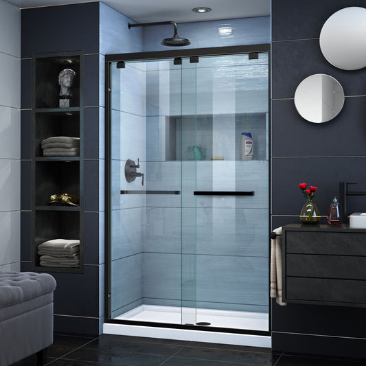 Encore 36 in. D x 48 in. W x 78 3/4 in. H Bypass Shower Door in Satin Black with Center Drain White Base Kit