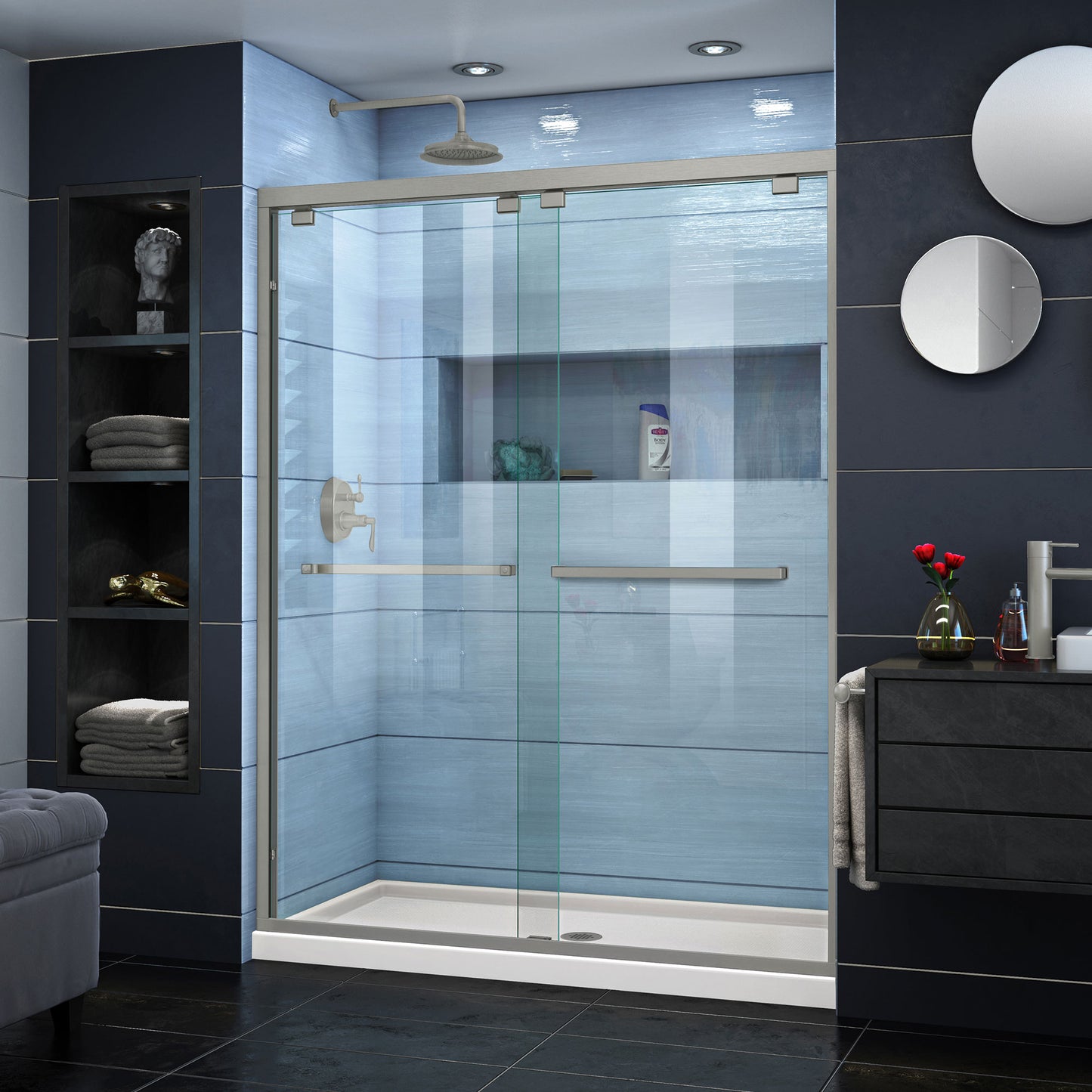 Encore 34 in. D x 60 in. W x 78 3/4 in. H Bypass Shower Door in Brushed Nickel and Center Drain Biscuit Base Kit
