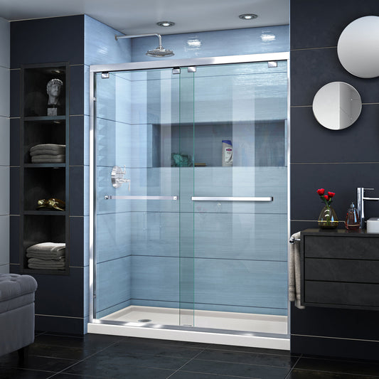 Encore 30 in. D x 60 in. W x 78 3/4 in. H Bypass Shower Door in Chrome and Left Drain Biscuit Base Kit