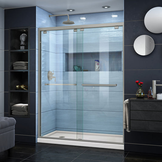Encore 30 in. D x 60 in. W x 78 3/4 in. H Bypass Shower Door in Brushed Nickel and Left Drain Biscuit Base Kit